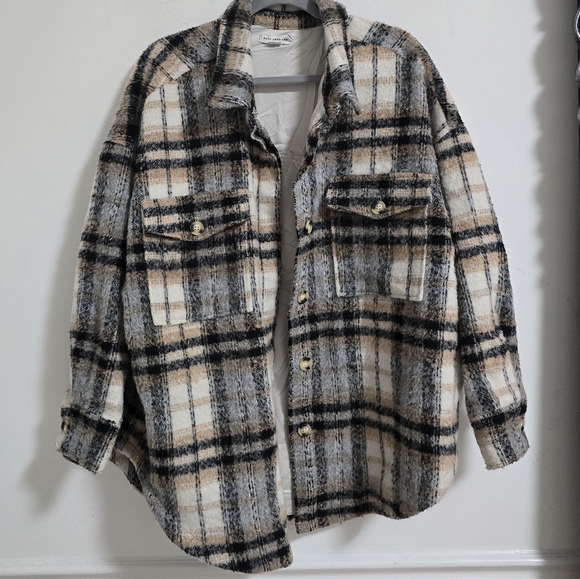 Good American plaid neutral oversized shacket size L/XL - Picture 3 of 9